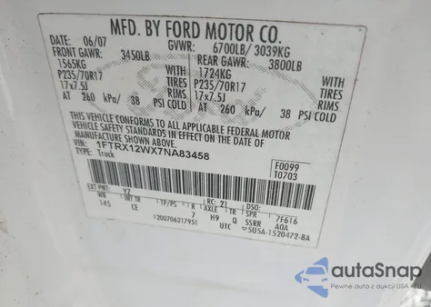 2007 Ford F-150 Stx/Xl/Xlt z USA, uszkodzony, nr VIN 1FTRX12WX7NA83458